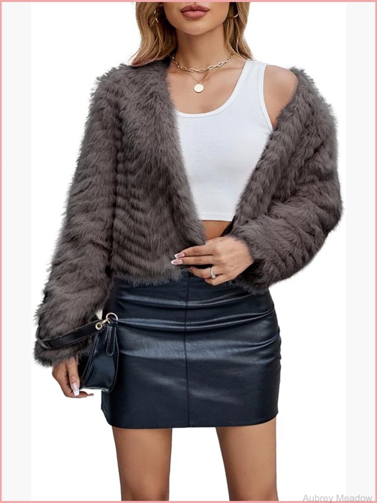 Faux Fur Cropped Coat Fuzzy Winter Jacket Long Sleeve Open Front Fluffy Warm